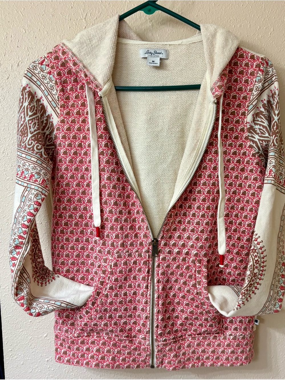 Lucky Brand Cream & Pink Patterned Zip Hoodie